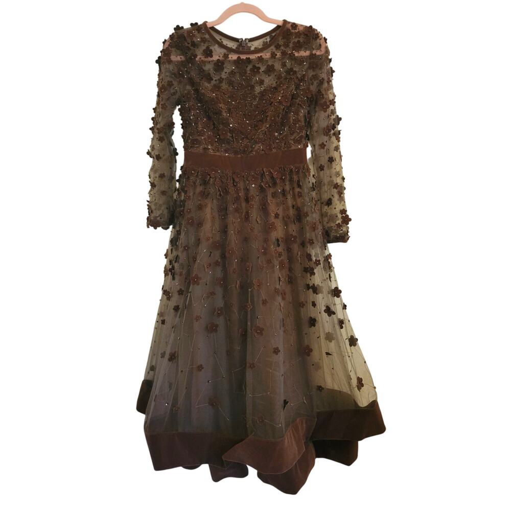 NWOT Mac Duggal Long Sleeve Fit & Flare Velvet Embellished Dress Coffee 4